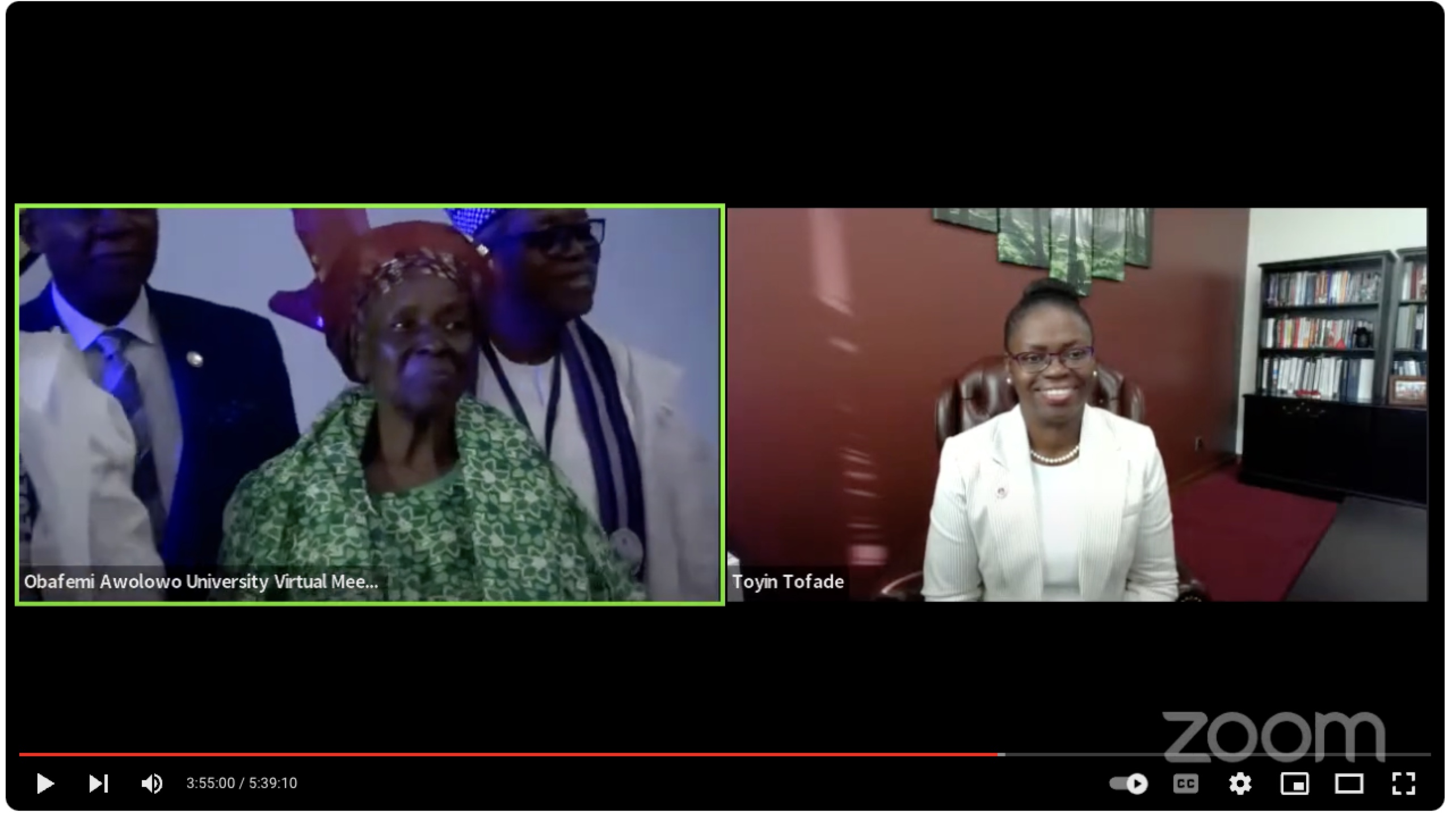 Zoom screen shot: President Tofade on right, her mother receiving award on left