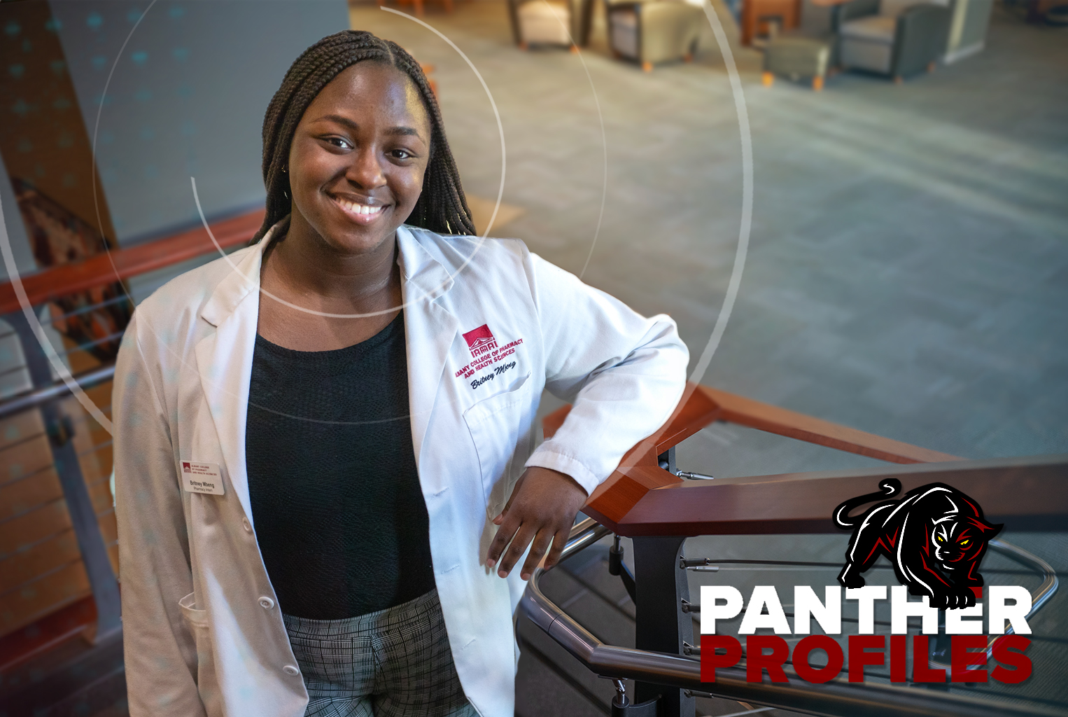 Pharmacy student Britney Mbeng '21 in a Panther Profile frame