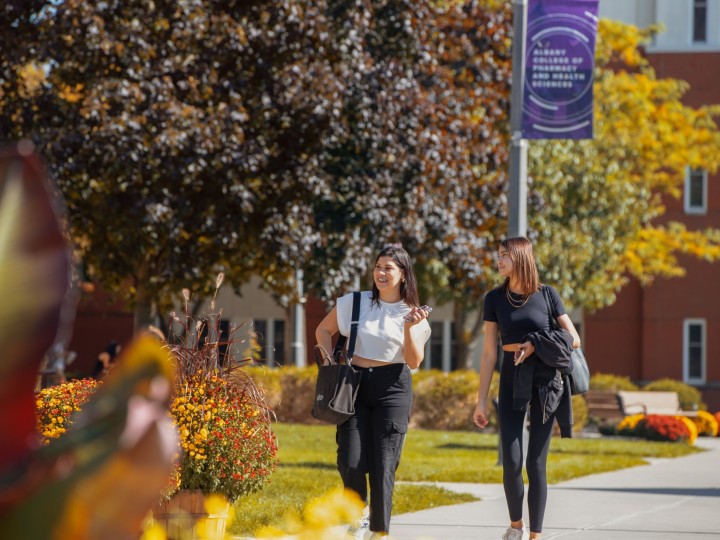A group of students walk on ACPHS campus during a beautiful fall day