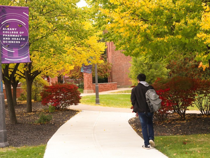 male student walking on fall campus walkway