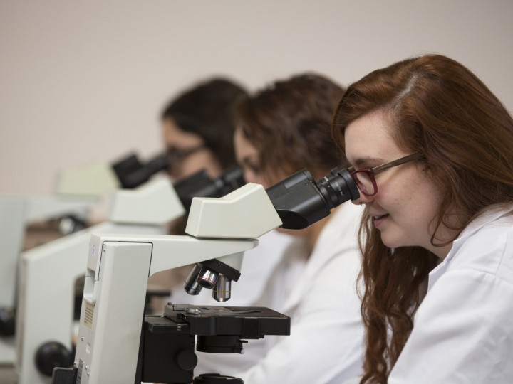 A side view of the students using the microscopes in lab classroom