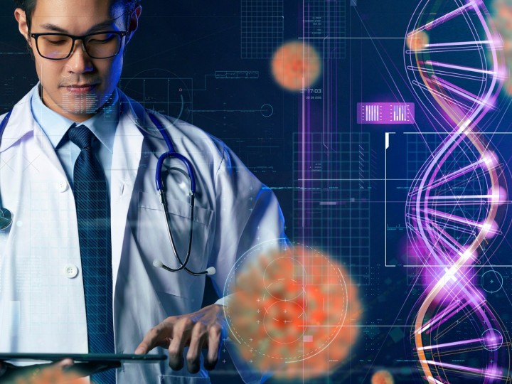 A pharmacist stands in a backdrop of biology cells and dna strands