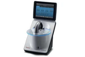 NanoDrop spectrophotometer measuring DNA, RNA, and protein concentration.