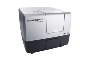 Synergy H1 microplate reader measuring fluorescence and absorbance in assays.
