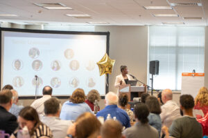President Tofade speaking at the Faculty Staff Retreat on Aug. 14, 2024