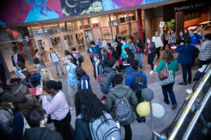 Crowd in the Gozzo Student Center atrium for Future of Healthcare Workshop