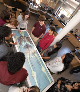 Nicole Shakerly and Kelly Hollstrom with students studying human anatomy