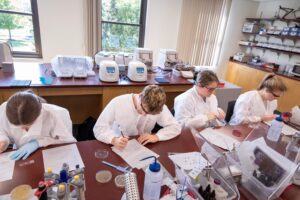 Students examine lab samples and take notes in clinical laboratory sciences classroom