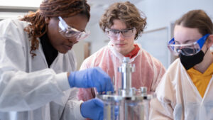 Students study lab equipment in MSBT Biotechnology Classroom
