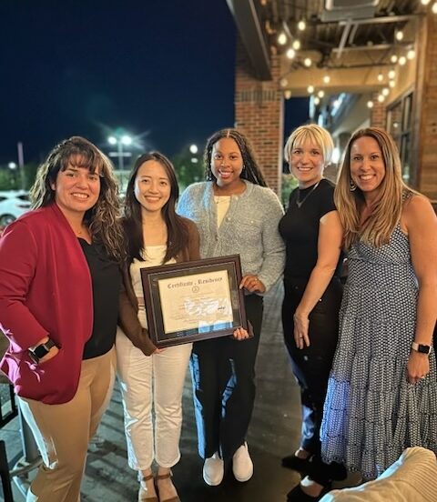 Group photo of Dr. Jessica Farrell; Hsin-Hui Chen, PharmD; ACPHS Assistant Professor, Paris Dade ’23, PharmD; Chair of the Department of Pharmacy Practice, Katie Cardone '06, PharmD, BCACP, FNKF, FASN, FCCP, and Dr. Jacqueline Cleary.