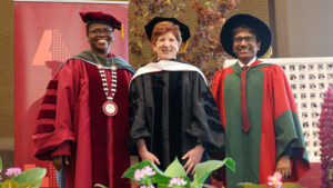 ACPHS president Toyin Tofade, Albany Mayor Kathy Sheehan and ACPHS VP of Academic Affairs, Sibdas Ghosh post at Commencement